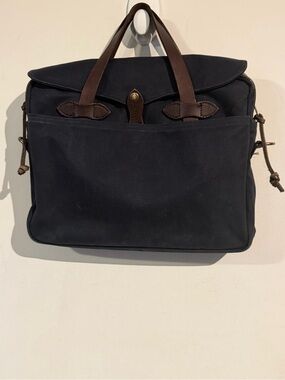 Filson Navy Canvas Briefcase with Brown Leather Handles